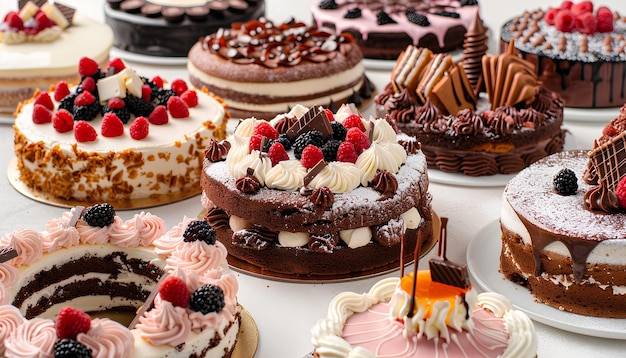 variety of cakes on the table isolated on white background