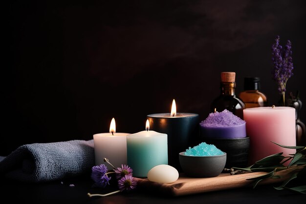 A variety of candles and a bowl of sugar on a table.