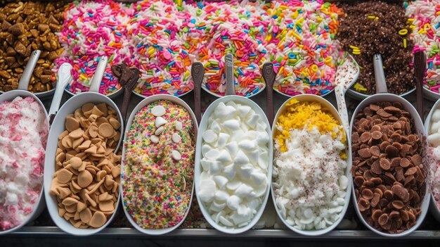 A variety of candy is displayed at a buffet.