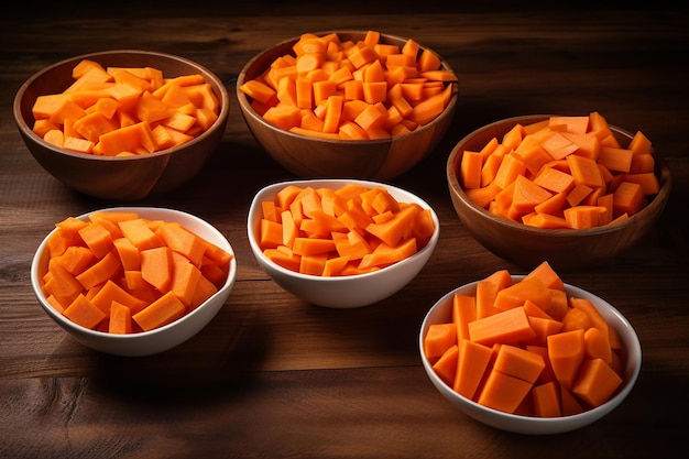 Variety of Carrot Cuts in Bowls on Wood