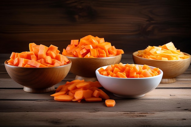 Variety of Carrot Cuts in Bowls on Wood
