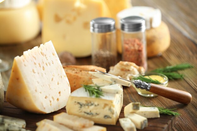 Variety of cheese on table