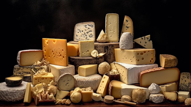 A variety of cheeses are displayed on a black background.