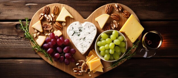 A variety of cheeses arranged in the shape of a heart on a wooden cutting board The platter includes