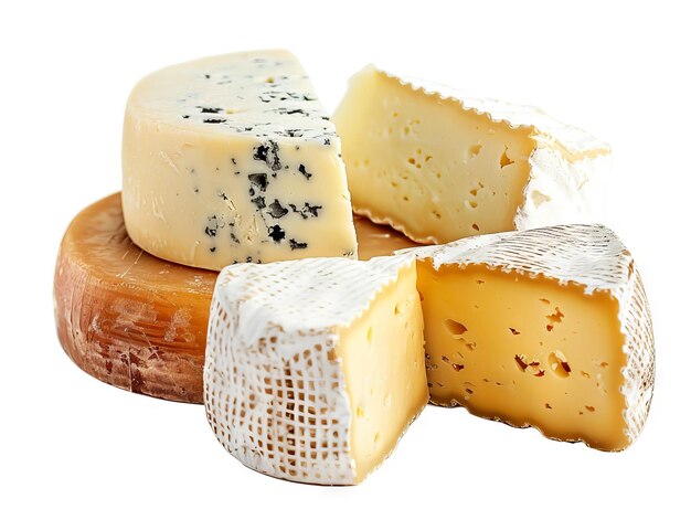 A variety of cheeses on a white background