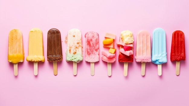 Variety of chocolate and colorful summer popsicles and ice cream treats Top view Generative AI