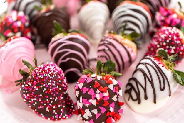 Variety of chocolate dipped strawberries on a pink cake stand.