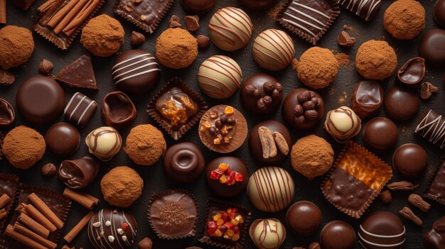 variety chocolate pralines Top down view