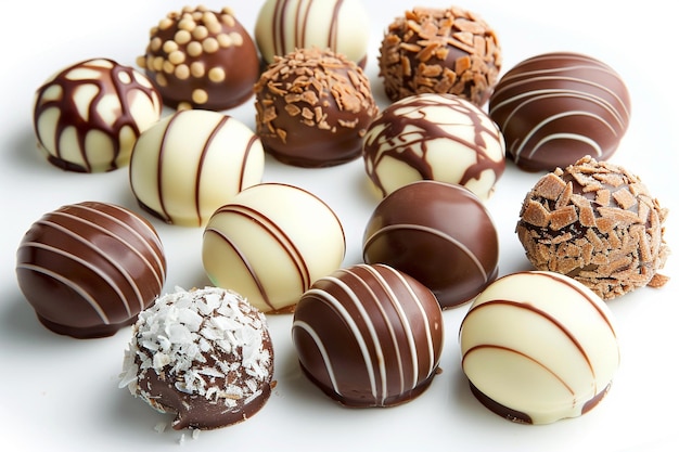Variety of chocolate truffles pralines isolated on white background
