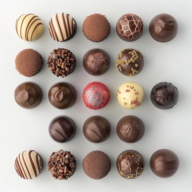 a variety of chocolates are arranged on a white surface