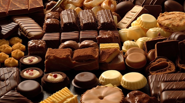 A variety of chocolates are displayed on a table.