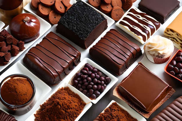 A variety of chocolates are displayed on a table.