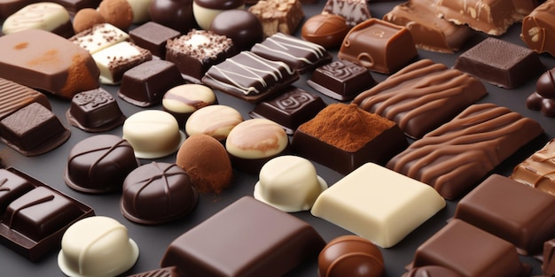 A variety of chocolates are on a table.