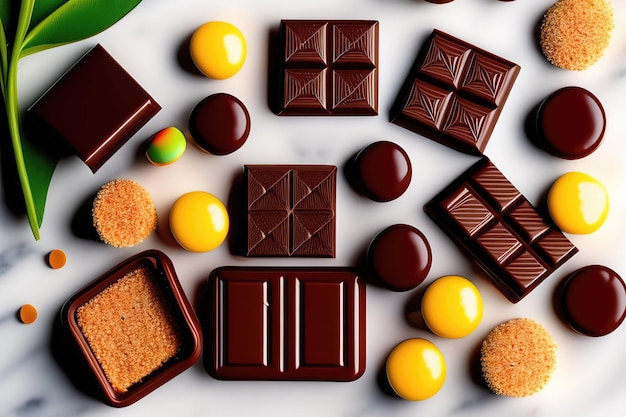 A variety of chocolates including chocolates cookies and other sweets on a white background