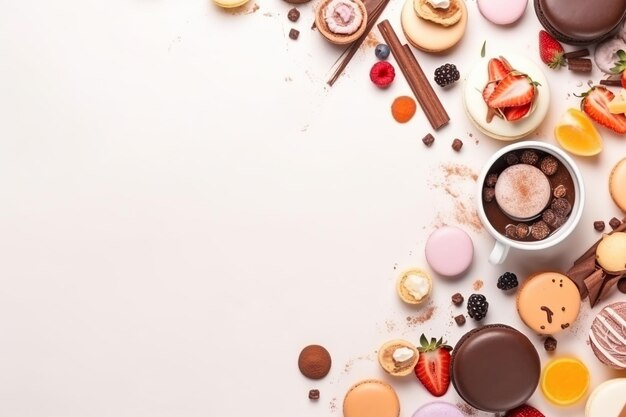 A variety of chocolates and macaroons are on a white background