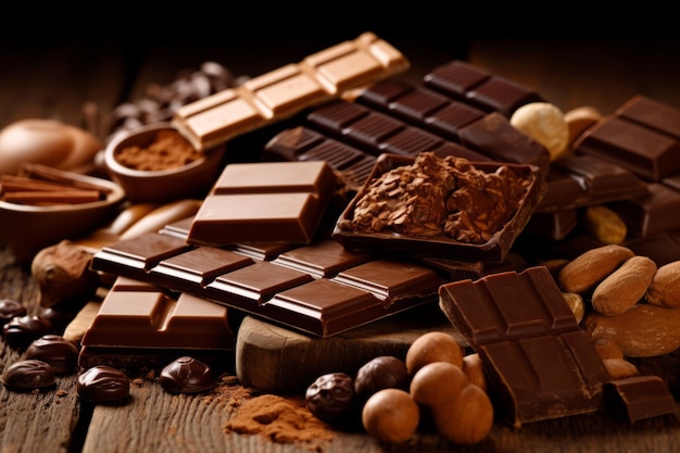 A variety of chocolates and other chocolates on a wooden table.