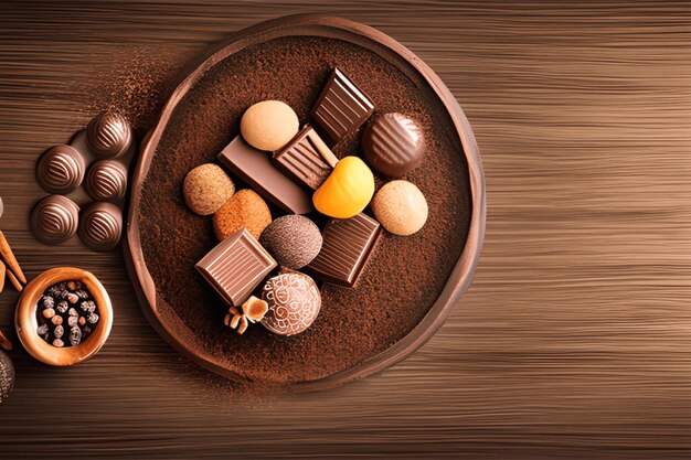 variety of chocolates splash On a Wooden Table Generated AI