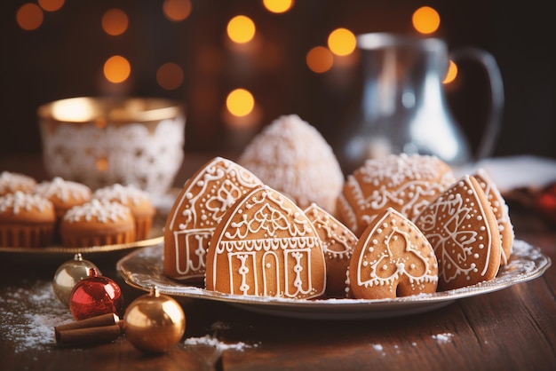 다양한 크리스마스 쿠키, 스타 애니즈와 간장, 전통적인 휴가 베이킹 집에서 만든 사탕