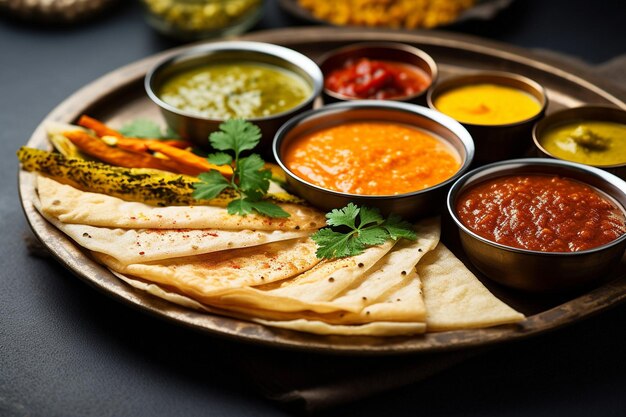 Photo a variety of chutneys and sambar arranged beautifully next to a masala dosa