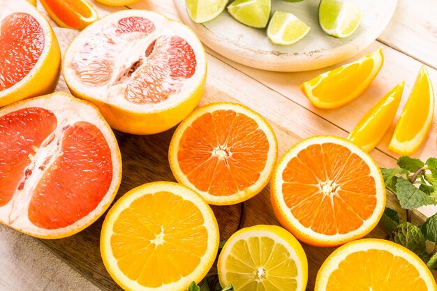 Variety of citrus fruit including lemons, lines, grapefruits and oranges.