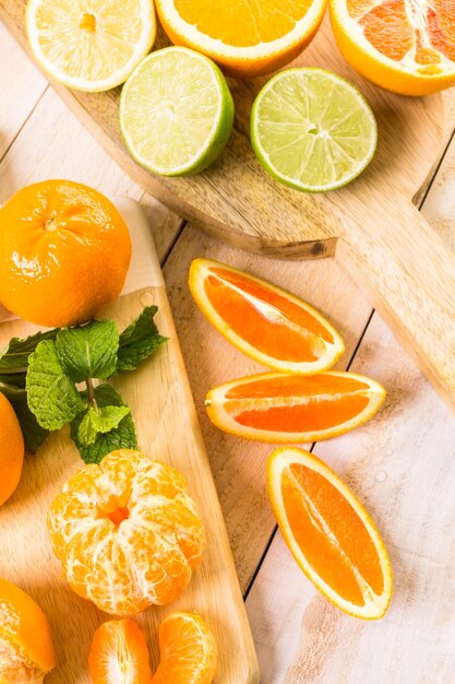 Variety of citrus fruit including lemons, lines, grapefruits and oranges.