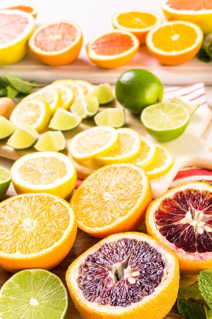 Variety of citrus fruit including lemons, lines, grapefruits and oranges.