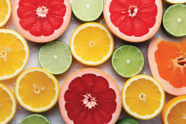 A variety of citrus fruits are arranged in a pattern.