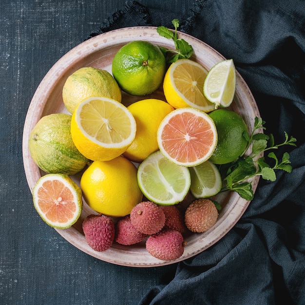 Variety of citrus fruits with tiger lemon