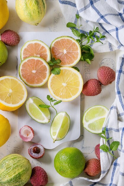 Variety of citrus fruits with tiger lemon