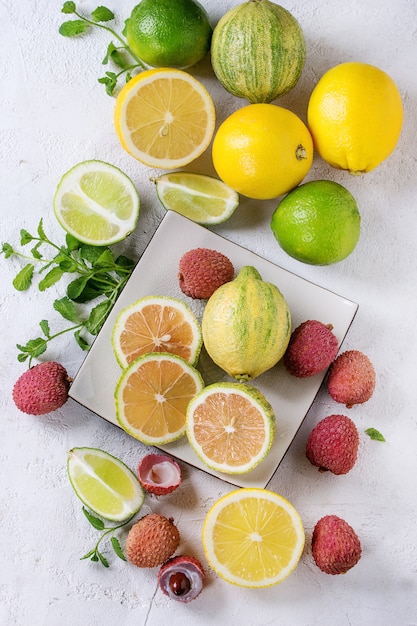 Variety of citrus fruits with tiger lemon