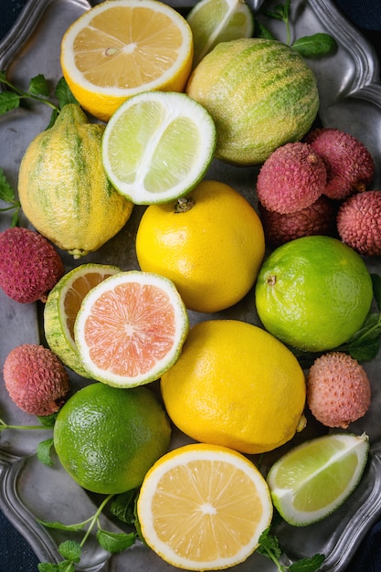 Variety of citrus fruits with tiger lemon