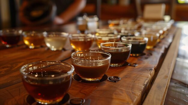 A variety of coffee cups filled with different types of coffee on a wooden table