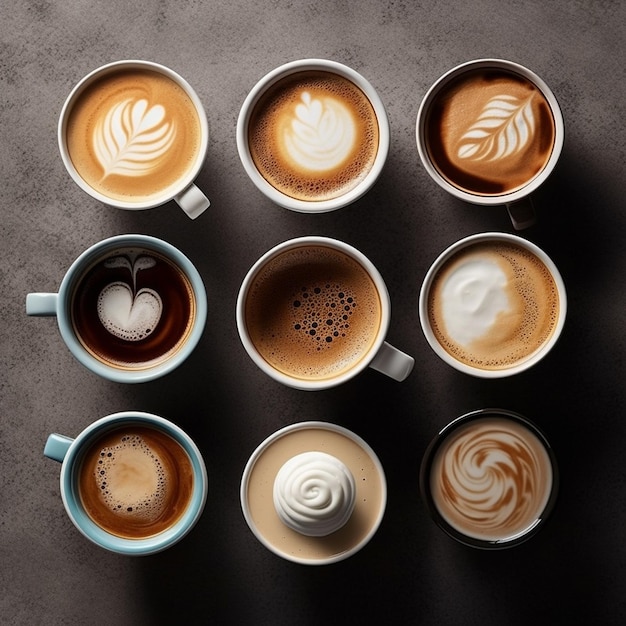 Разнообразие кофе, например, капучино, эспрессо, кофе с молоком, горячий напиток на завтрак, перерыв