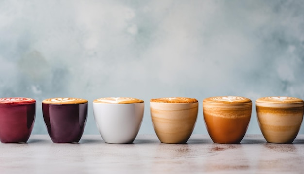 Variety of coffee mugs showcased on a pristine white stone table from an overhead perspective