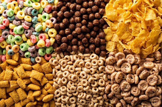 Photo variety of cold cereals overhead