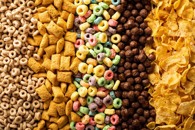 Photo variety of cold cereals overhead