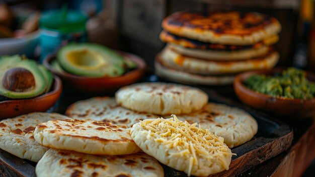 Photo variety of colombian arepas with cheese and avocado on table