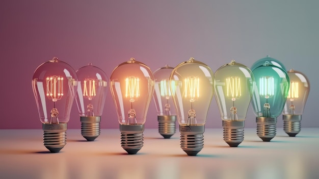 A variety of colored light bulbs in a row each on a pastel background