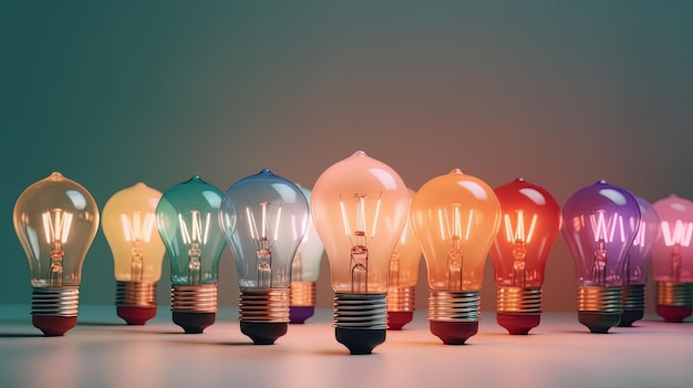 A variety of colored light bulbs in a row each on a pastel background