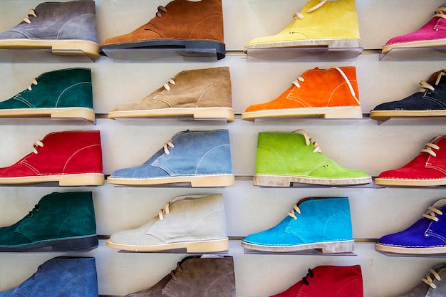 Variety of the colorful antelope leather shoes in the shop