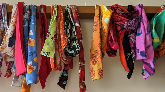 A variety of colorful bandanas and headbands hanging on hooks