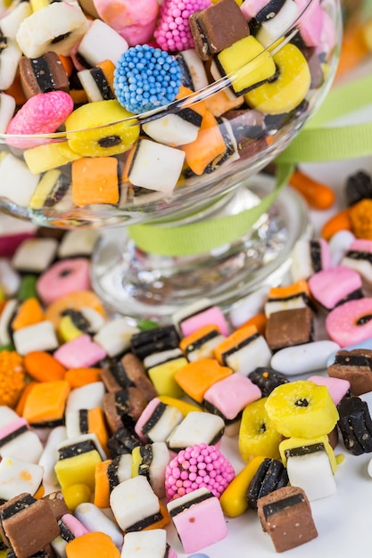 Variety of colorful candies on a white background.