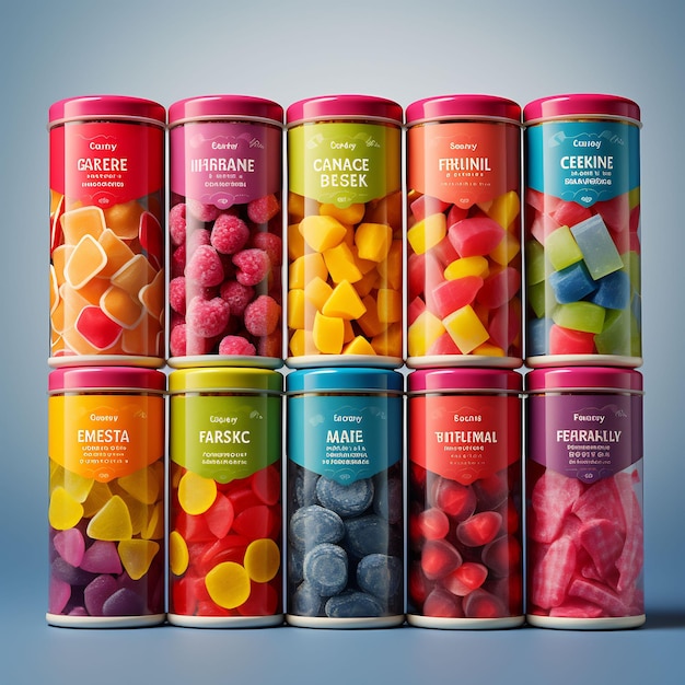 a variety of colorful candy cans are lined up on a blue background.