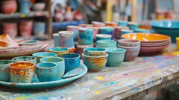 A variety of colorful ceramic bowls and cups are displayed on a wooden table in a pottery studio