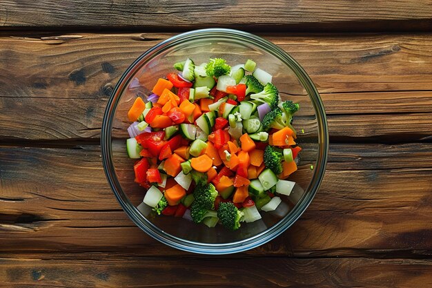 Photo a variety of colorful chopped vegetables in a bowl on a wooden table healthy raw food with