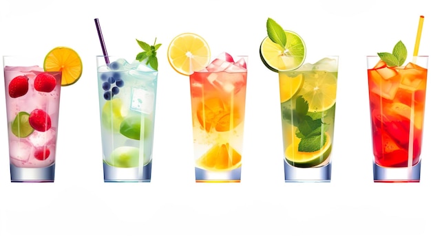Variety of colorful cocktails and long drinks on tra