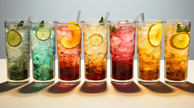 Variety of colorful cocktails and long drinks on transparent background