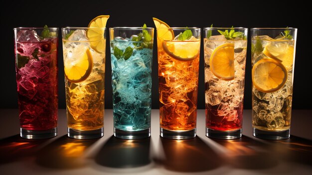 Variety of colorful cocktails and long drinks on transparent background