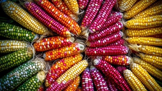 A variety of colorful corn on the cob