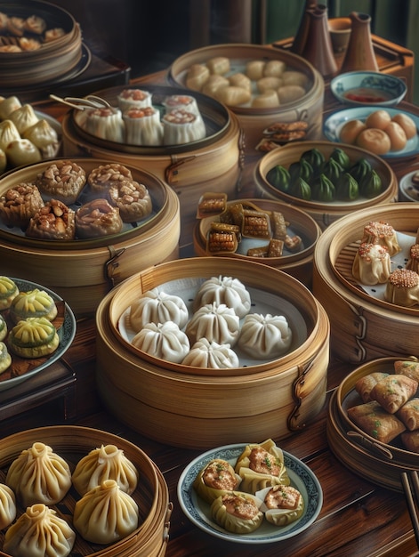 A variety of colorful dim sum dishes on a wooden table including pork buns har gow and shumai